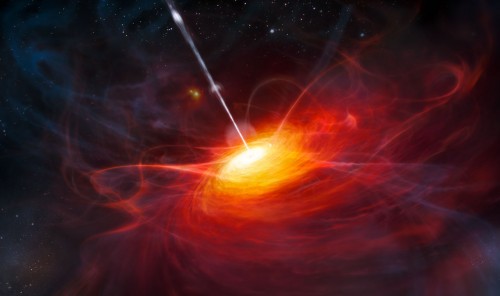 Künstlerische Darstellung eines aktiven schwarzen Lochs im Zentrum einer Galaxie (ESO/M.Kornmesser)