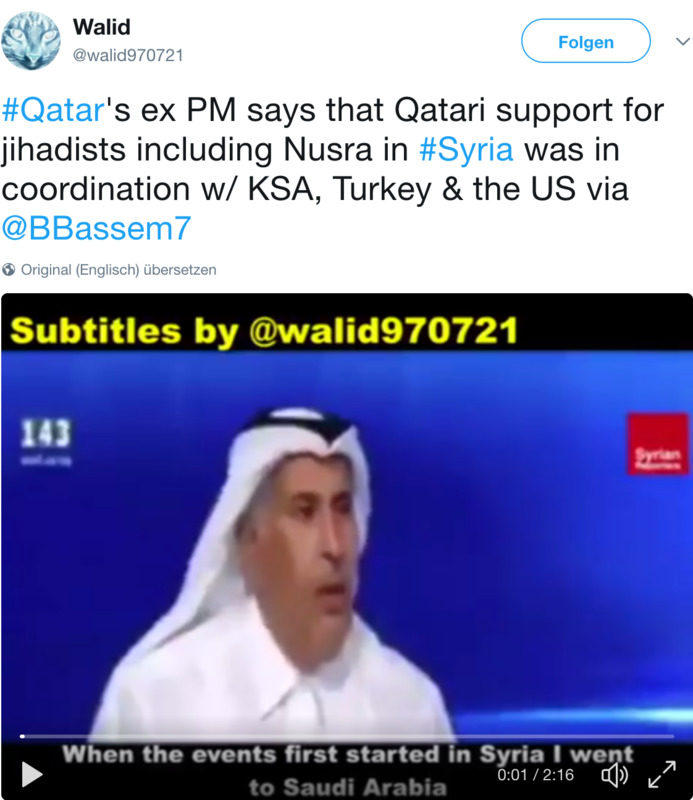 Ex-Premierminister sagt, dass die Unterstützung Katars für die Jihadisten in Syrien einschliesslich Al Qaida mit der Türkei und den USA koordiniert wurde
