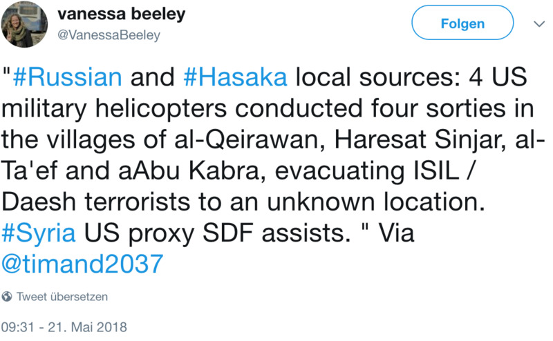 Die investigative Journalistin Vanessa Beeley berichtet, wie vier US-Militärhubschrauber Kämpfer des “Islamischen Staates” vor der syrischen Armee gerettet haben