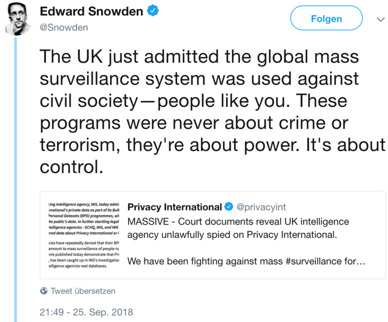 Die britische Regierung hat zugegeben, dass die Massenüberwachung nicht gegen Kriminelle oder Terroristen, sondern gegen die Zivilgesellschaft gerichtet ist