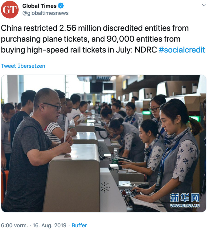 Die Chinesen sagen, dass sie 2.56 Millionen Menschen dadurch bestraft haben, dass sie kein Flugticket bekommen, und 90'000 haben auch kein Schnellzug-Ticket bekommen – aufgrund der Überwachungsergebnisse