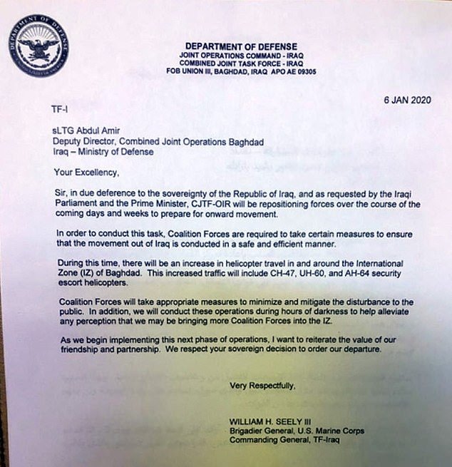 Brief von Brigadegeneral William Seely zum Abzug der US-Truppen schafft Verwirrung