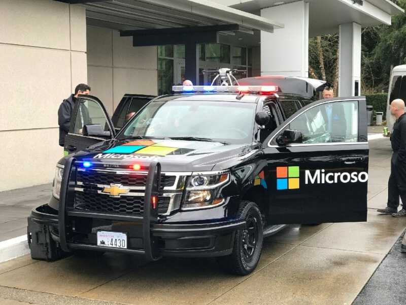 A demo of the Microsoft Advanced Patrol Platform, or MAPP, IoT surveillance vehicle for police. An Aeryon Labs SkyRanger is perched on top. Photo taken from Microsoft Azure blog, “Microsoft hosts Justice & Public Safety leaders at the 2nd annual CJIS Summit,” by Rochelle Eichner. Photo: Microsoft Azure blog