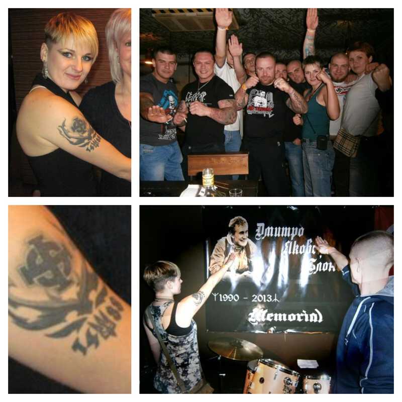 Diana Vynohradova: on the bottom-left, her 1488 and Celtic Cross tattoos are visible. On the top-right, she is standing next to neo-Nazi band leader Arseniy “Bilodub” Klimachev.