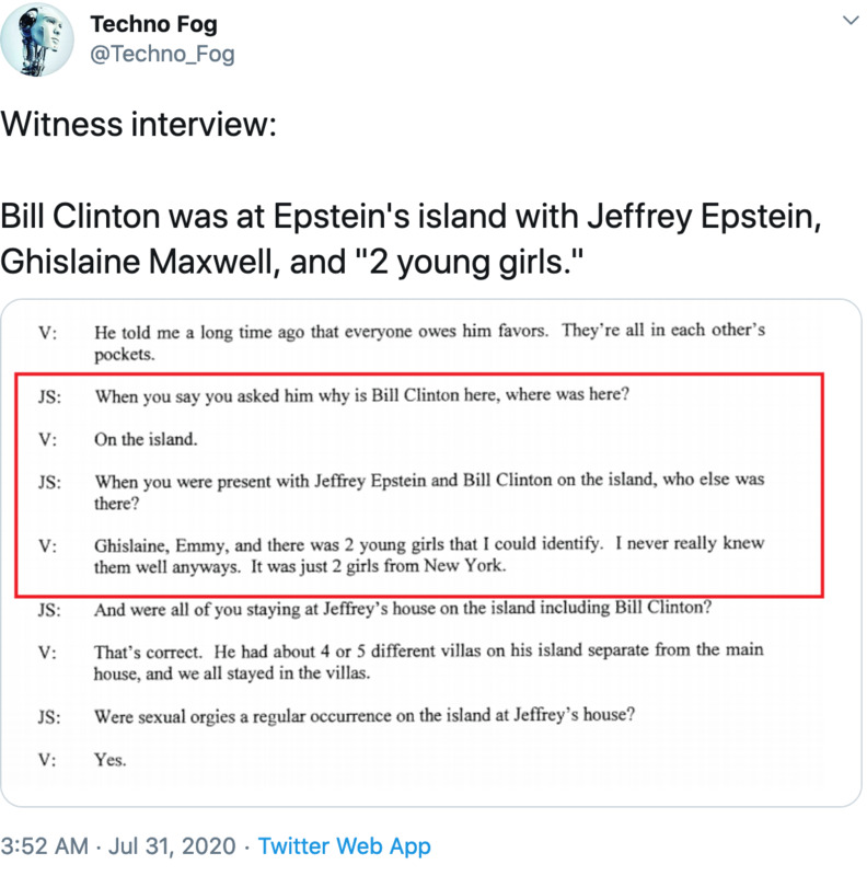 Neues von der Kinderfickerfront: Bill Clinton war mit Epstein, Maxwell und “zwei jungen Mädchen” auf Epsteins Kinderficker-Insel