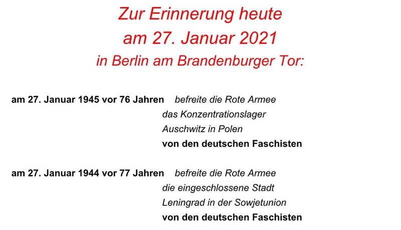 „Erinnerungen“ am 27. Januar 2021 am Brandenburger Tor, 14-16 Uhr