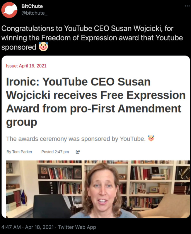 Die CEO der Zensurplattform YouTube hat einen Preis für Meinungsfreiheit bekommen – gesponsert von YouTube. Herzlichen Glückwunsch! ;-)