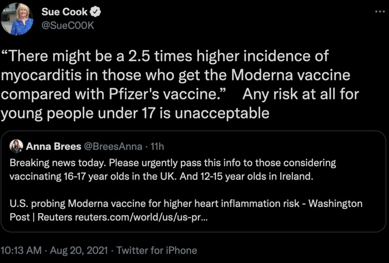 Bei einer “Impfung” mit Pfizer geht der Impfling ins Risiko, eine Herzentzündung zu kriegen. Bei Moderna ist das Risiko nochmals zweieinhalb Mal so hoch.