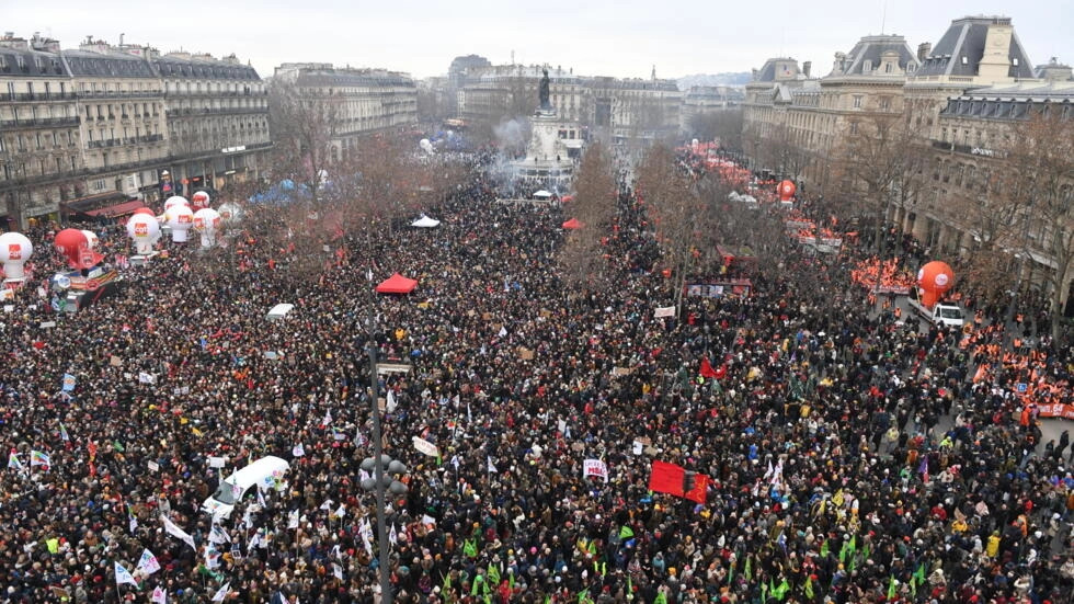 Protesters gathered at Place de la République in Paris for a mass rally and strike against pension reform on January 19, 2023. © Alain Jocard, AFP