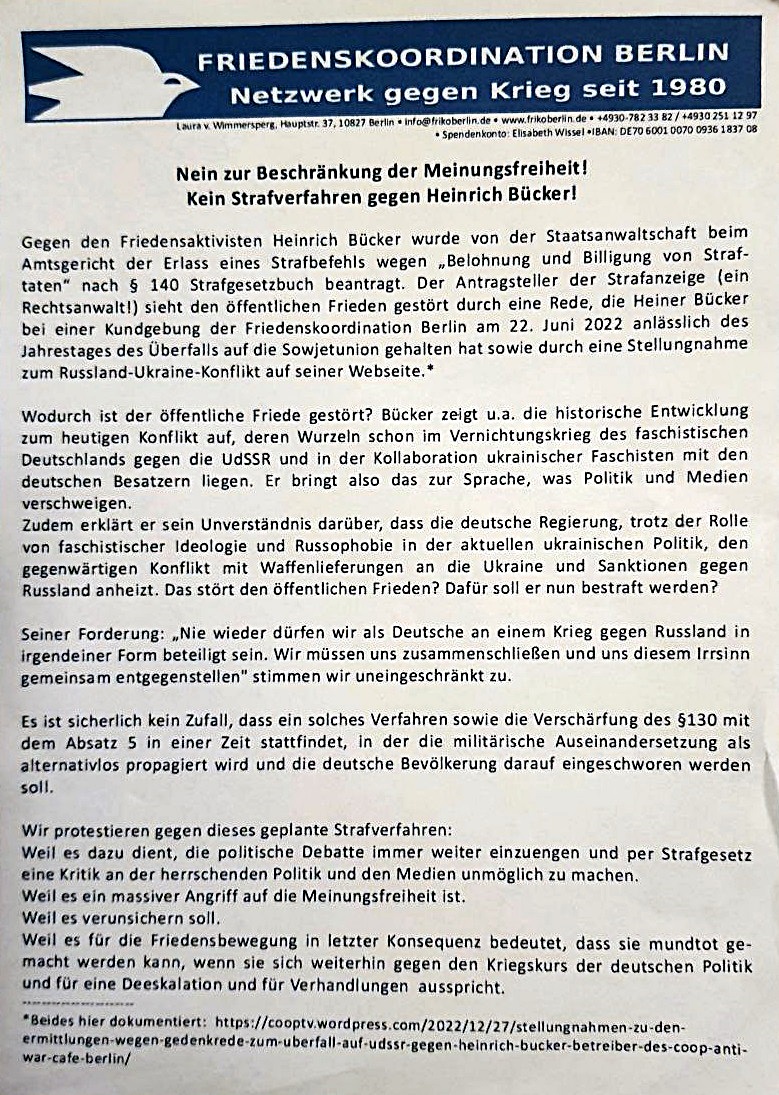 Friedenskoordination Berlin – Nein zur Beschränkung der Meinungsfreiheit! Kein Strafverfahren gegen Heinrich Bücker!