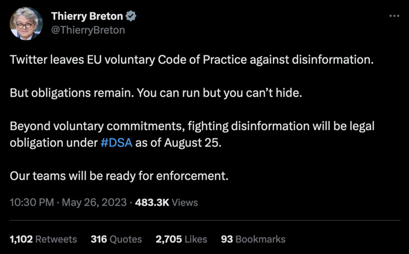 Der EU-Kommissar für den Binnenmarkt, Thierry Breton, droht mit einer mit Gewalt durchgesetzten Zensurkampagne in der EU ab 25. August, dem Tag des Inkrafttretens der EU-Zensurregulierung DSA