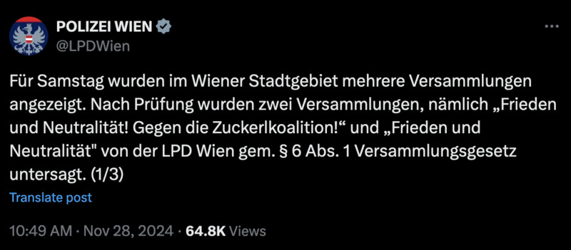 Wien scheisst dann mal aufs Demonstrationsrecht. Sind ja Regierungsgegner. Deren Rechte zählen nicht.