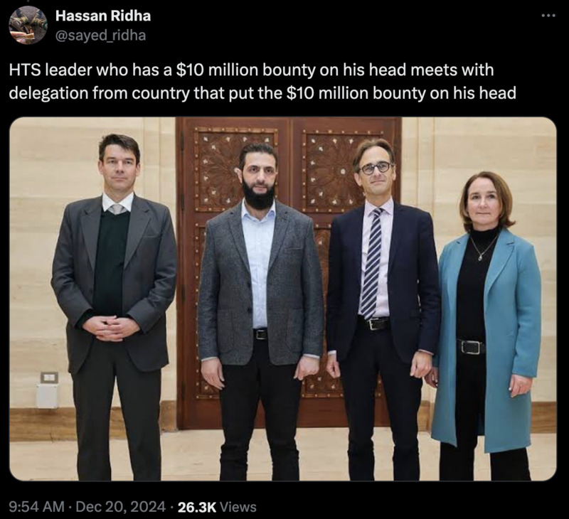 HTS-Anführer, auf den ein Kopfgeld von 10 Millionen Dollar ausgesetzt ist, trifft sich mit einer Delegation des Landes, das das Kopfgeld von 10 Millionen Dollar auf ihn ausgesetzt hat