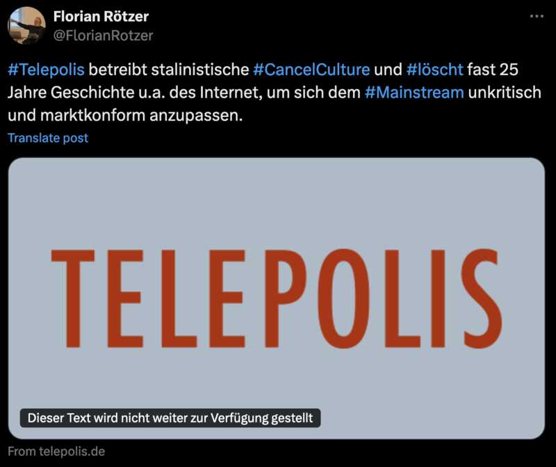 #Telepolis betreibt stalinistische #CancelCulture und #löscht fast 25 Jahre Geschichte u.a. des Internet, um sich dem #Mainstream unkritisch und marktkonform anzupassen.