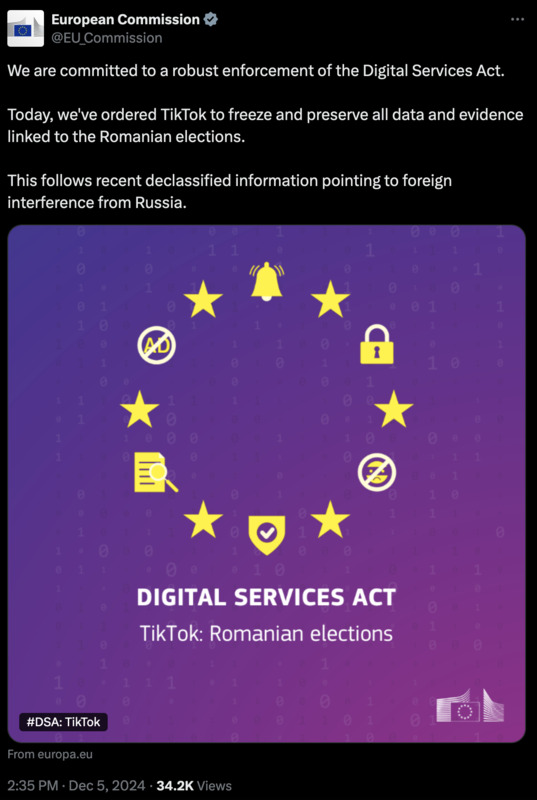 Die EU-Kommission lässt mal TikTok antanzen, weil die Rumänen den Falschen gewählt haben. Nur wenn der Richtige gewählt wird, ist die Wahl gültig.