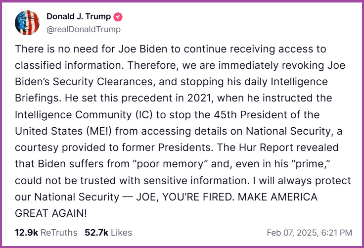 Präsident Trump widerruft die Security Clearance von Präsident Biden