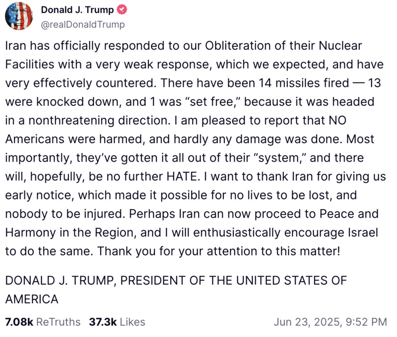 Präsident Trump sagt, der Iran habe die USA vorgewarnt, und nun könne man Frieden schliessen