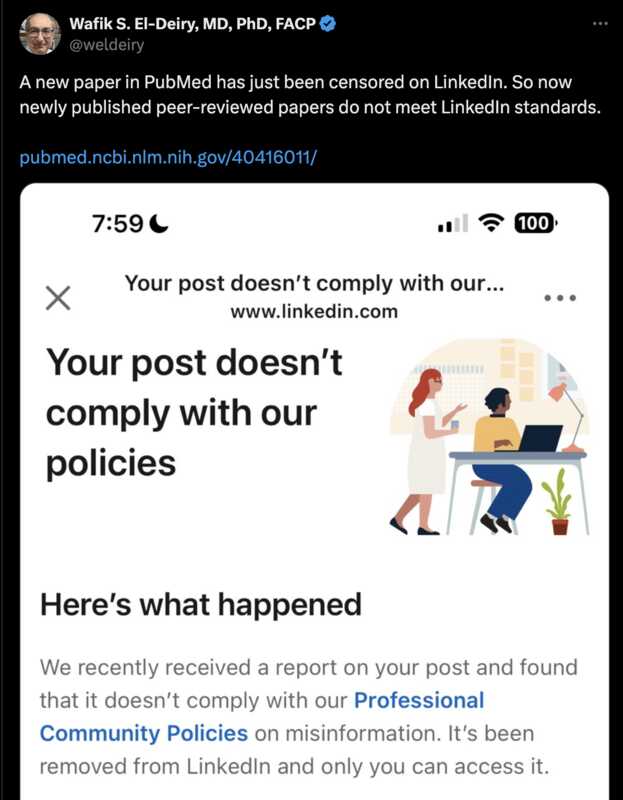 LinkedIn zensiert Papers, die durch die Peer Review sind, wenn sie den Interessen der Pharma-Industrie zuwiderlaufen