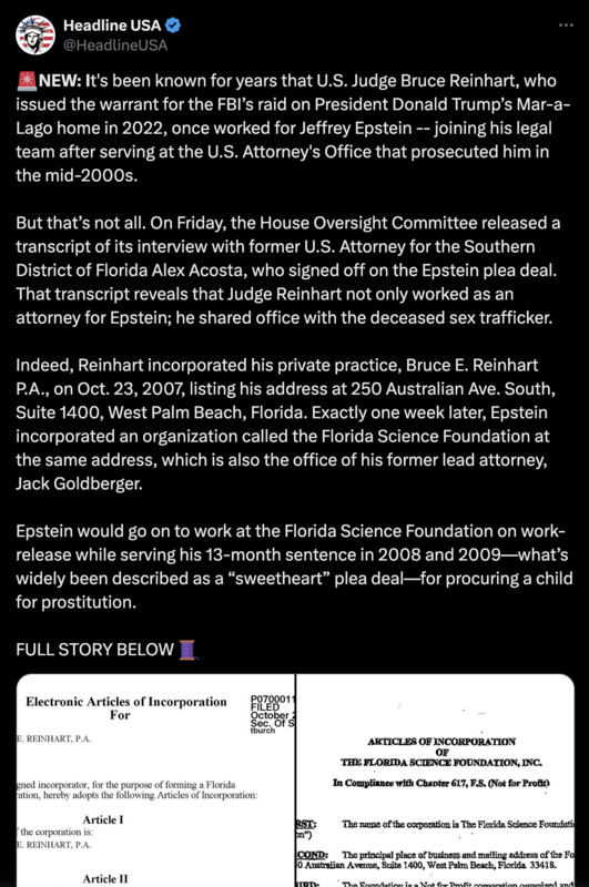 Ja, so ein Zufall aber auch: Richter, der Trump die Mar-a-Lago-Hausdurchsuchung verpasst hat, teilte sich Büro mit Jeffrey Epstein, als dessen Mitarbeiter