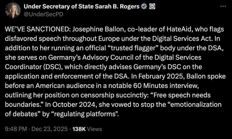 WE’VE SANCTIONED: Josephine Ballon, co-leader of HateAid, who flags disfavored speech throughout Europe under the Digital Services Act. WE’VE SANCTIONED: Josephine Ballon, co-leader of HateAid, who flags disfavored speech throughout Europe under the Digital Services Act.