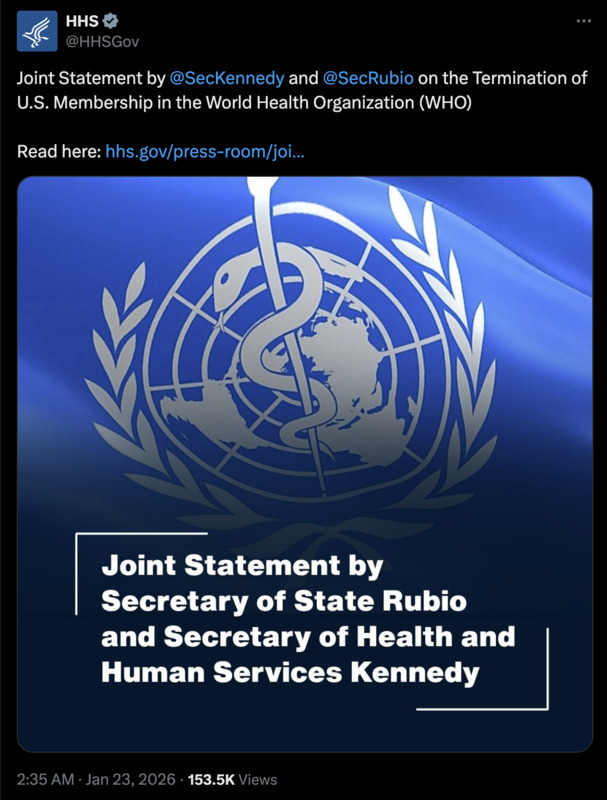 Gemeinsame Erklärung von @SecKennedy und @SecRubio zur Beendigung der Mitgliedschaft der Vereinigten Staaten in der Weltgesundheitsorganisation (WHO) Gemeinsame Erklärung von @SecKennedy und @SecRubio zur Beendigung der Mitgliedschaft der Vereinigten Staaten in der Weltgesundheitsorganisation (WHO)