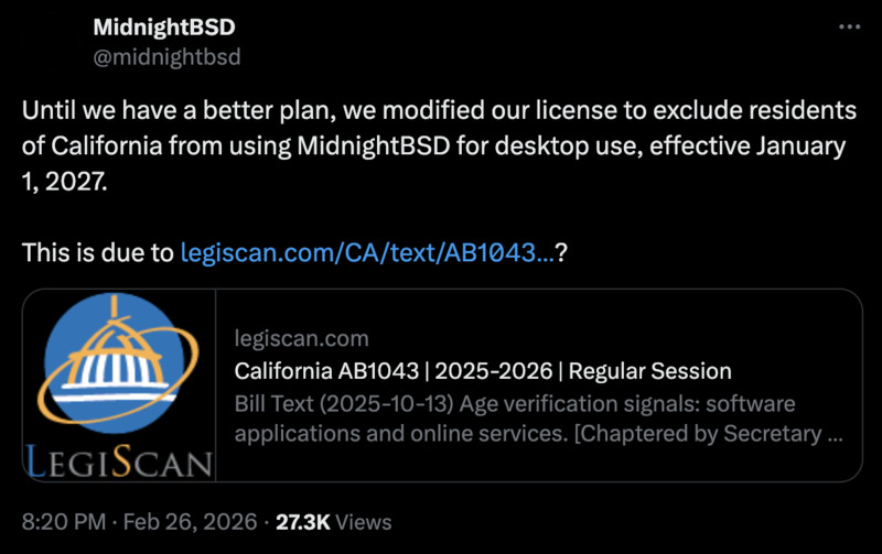 MidnightBSD schliesst als erstes Betriebssystem Nutzer aus Kalifornien aus, um nicht unter kalifornisches Recht zu fallen