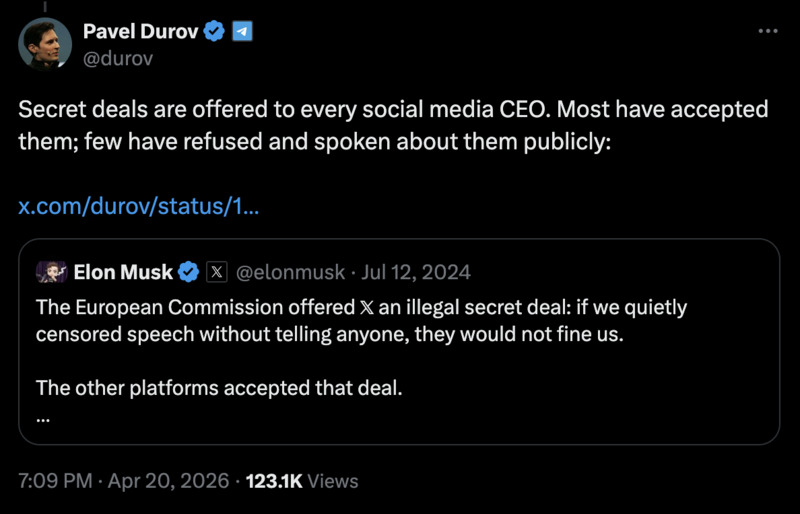 Musk (X) und Durov (Telegram) berichten übereinstimmend, dass die EU anbietet, wer insgeheim wie verlangt zensiert, wird straffrei gestellt
