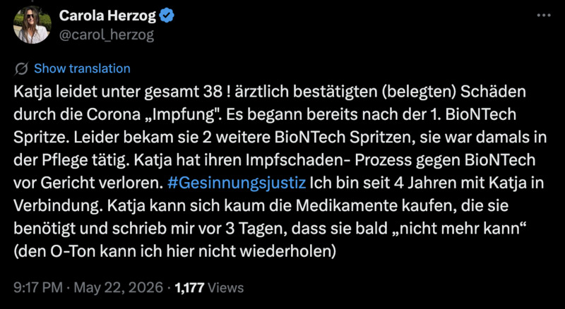 Katja leidet unter gesamt 38 ! ärztlich bestätigten (belegten) Schäden durch die Corona “Impfung”.
