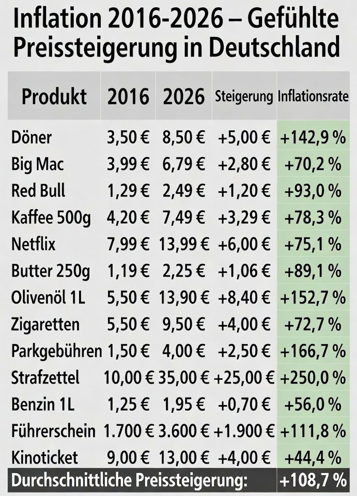 108,7 % 'gefühlte' Inflation seit 2016.