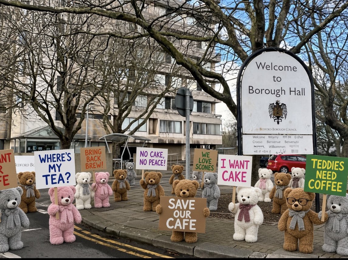 «Zoe’s Teddies have now started a hunger strike outside Bedford Borough Council’s offices in order to protest against the closure of their cafe.» «Zoe’s Teddies have now started a hunger strike outside Bedford Borough Council’s offices in order to protest against the closure of their cafe.»